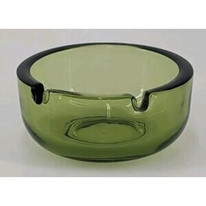 Vintage Mid Century Modern Green Glass Ashtray 3.75" Round 2 Slots